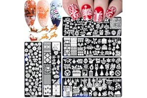 QDSUH Christmas Nail Stamping Plates, 6Pcs Christmas Nail Stamper Kit Snowflakes Elk Xmas Tree Bell Snowman Winter Nail Art Stencils Plates Nail Manicure Template Design Tool