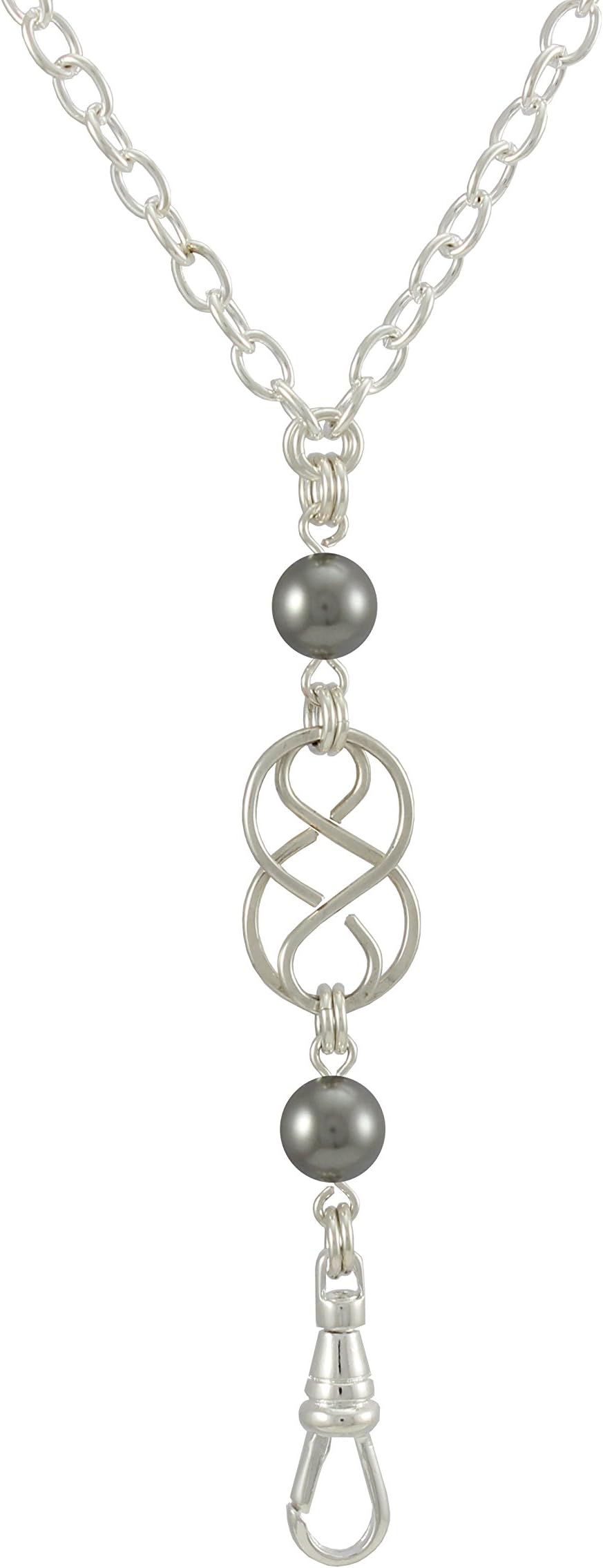 Brenda Elaine Jewelry Women's Fashion Lanyard Necklace ID Badge Holder, 32 Inch Silver Chain with Silver Celtic Knot and Dark Gray Pearl Pendant & Rear Magnetic Break Away Clasp