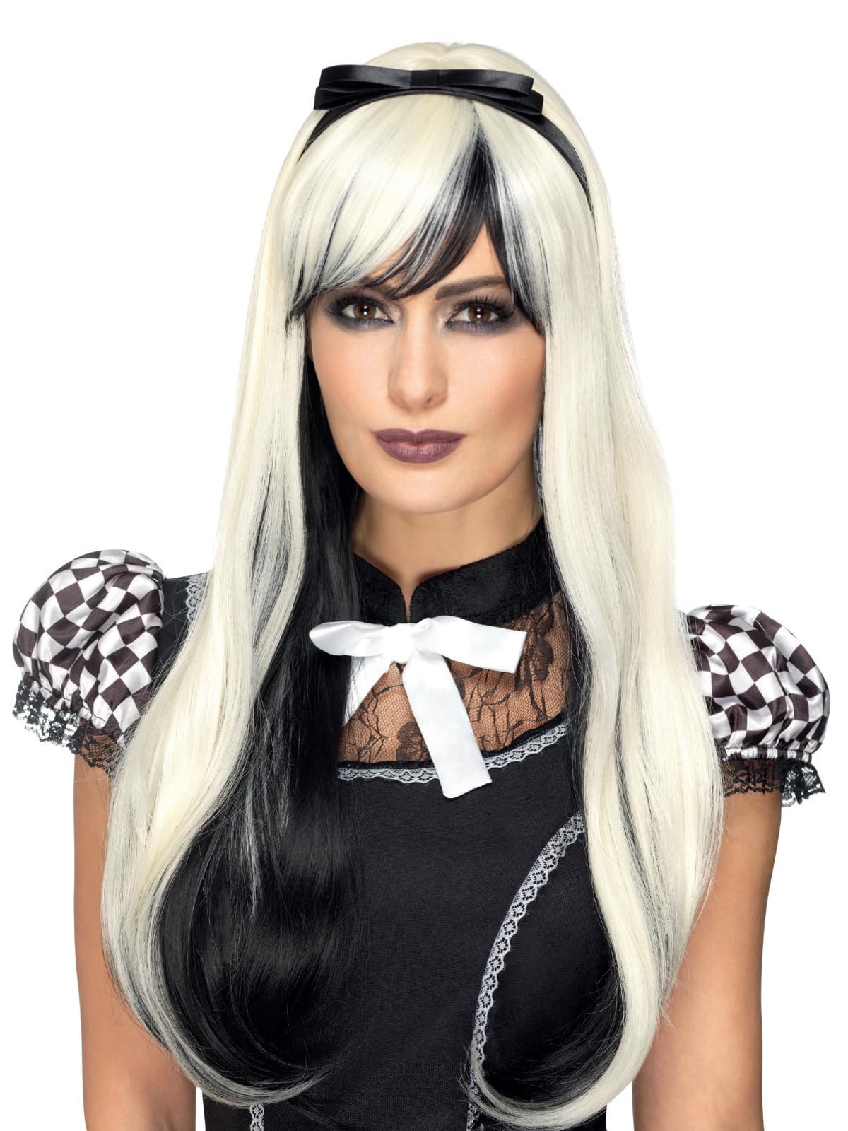 Smiffys Deluxe Gothic Alice Wig, Blonde & Black Heat Resistant / Styleable, with Headband, Halloween Twisted Fairytale Fancy Dress, Halloween Dress Up Wigs