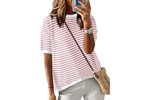 Dokotoo Womens Tops Casual Summer Crewneck Short Sleeve Striped Color Block Knit High Low Trendy Pullover Sweaters