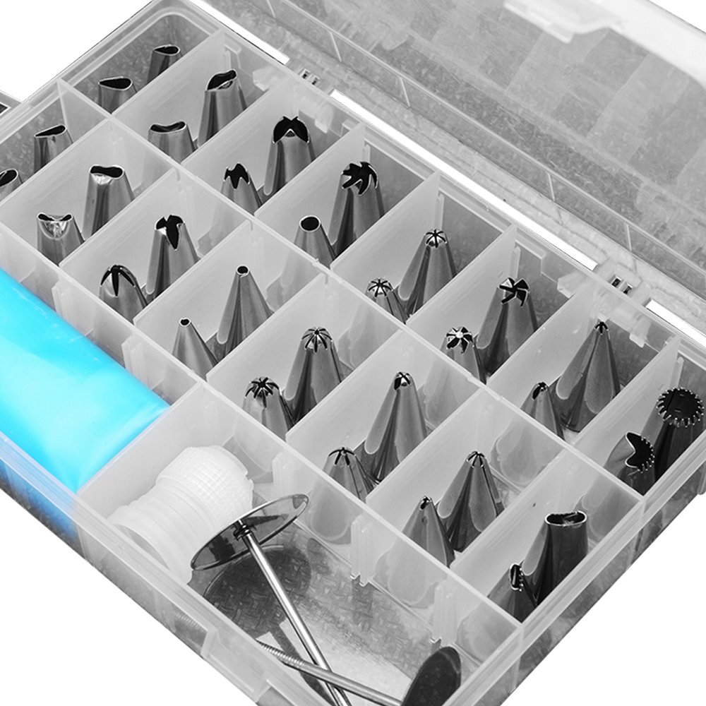 Jechery 32 Pieces Stainless Steel Cake Piping Icing Nozzles Tips Kit Set with 2 Reusable Piping Bags,2 Nozzle Converter and 2 Flower Nails, 100 Pieces One-Time Use Pastry Bag for Cookies Cake Decorating Tools
