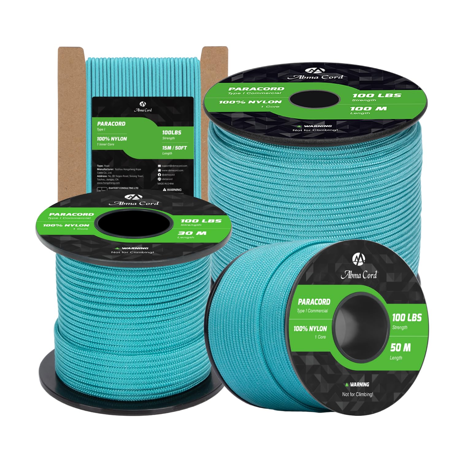 Abma Cord Paracord 2mm 100m 100% Nylon Rope 1 Strand Type I Parachute Cord - Max. 45kg (100lbs) - Turquoise