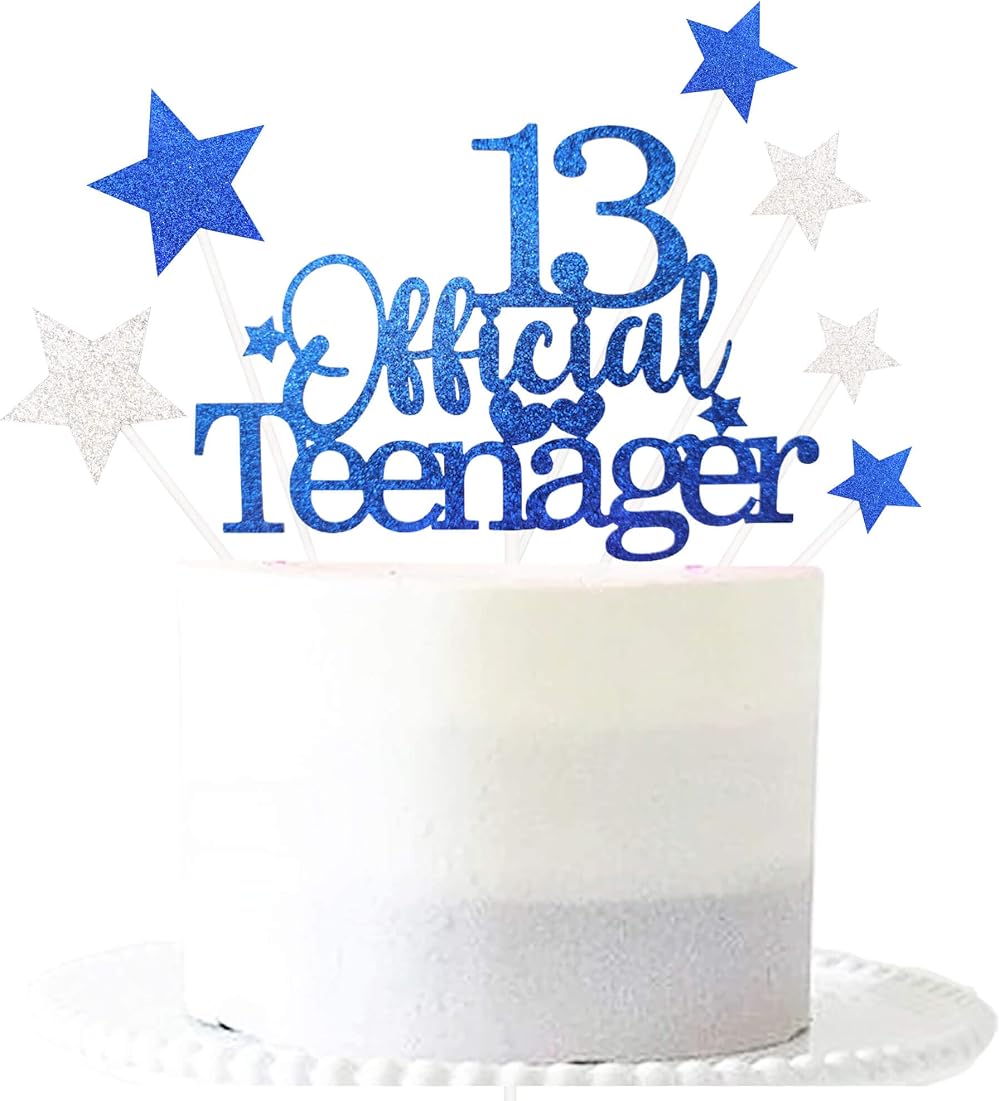 Pargleev 13th Glittery Royal Birthday Cake Topper with Stars Blue