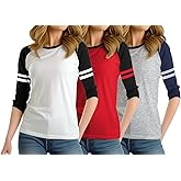 Decrum 3/4 Length Sleeve Womens Tops - Striped Raglan Sleeve Casual Baseball Shirt Women