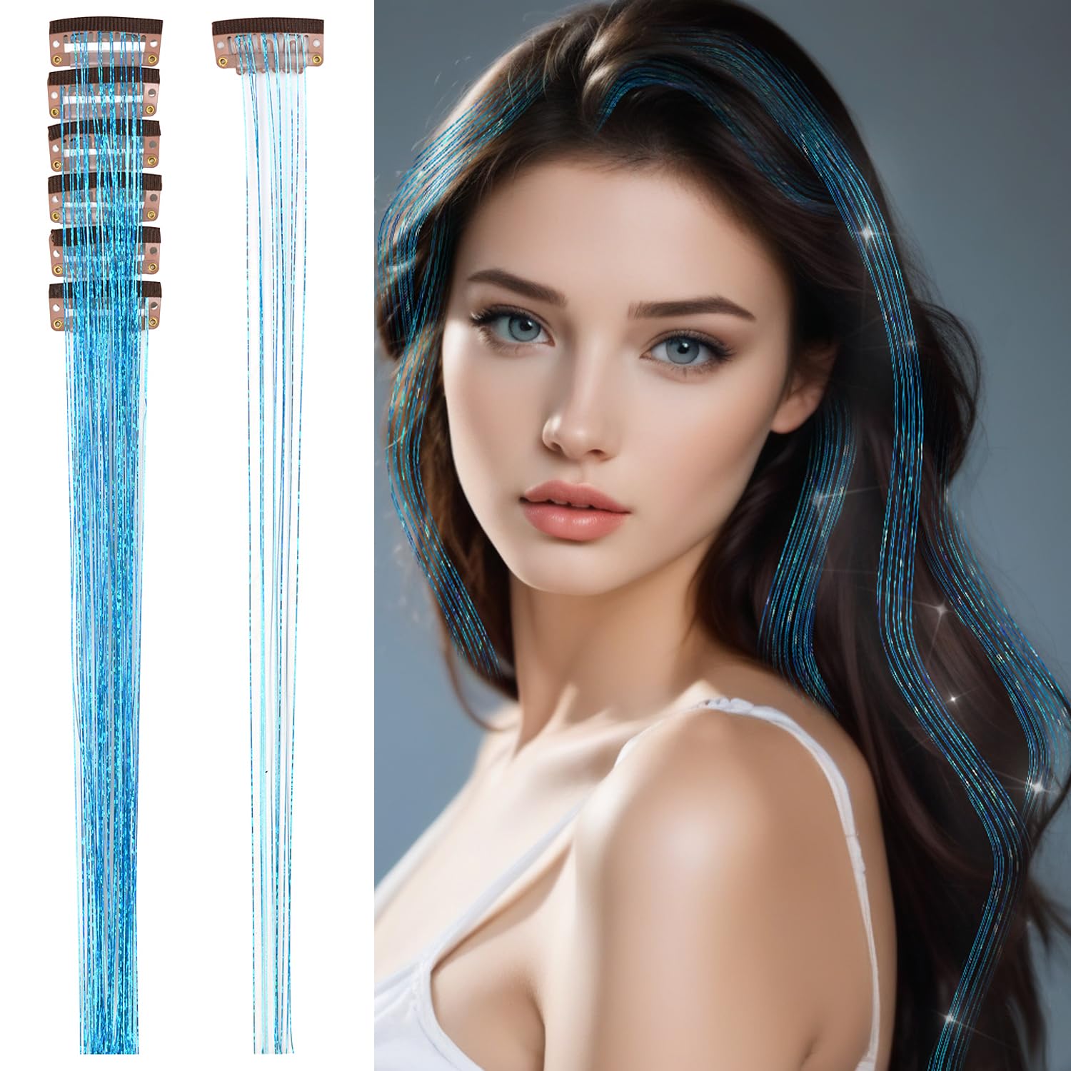 6 Pcs Clip in Hair Tinsel Kit 20.5 Inches Heat Resistant Glitter Tinsel Hair Extensions Fairy Hair Tinsel for Women Hair Styling Party Gift (Sky Blue) — image 1