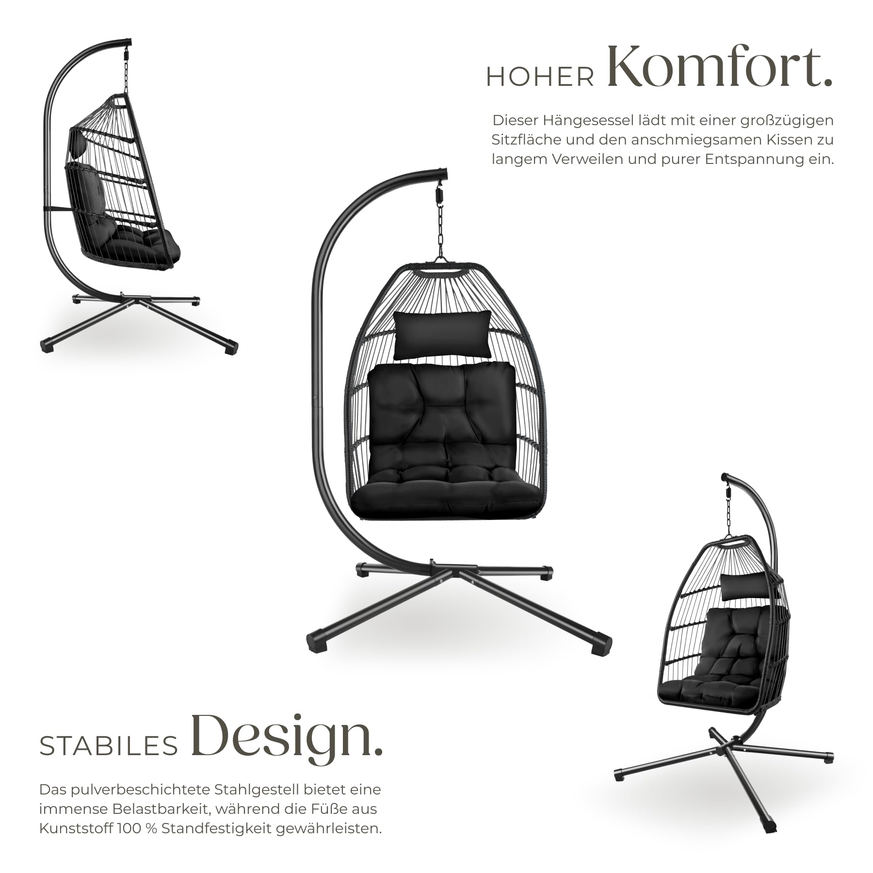 tectake® Hängesessel mit Gestell, Dicke Kissen, Möbel, Deko für Wohnzimmer, Jugendzimmer, Balkon, Outdoor oder Indoor Schaukel Sessel, Kinder & Erwachsene, belastbar bis 160kg - schwarz 3