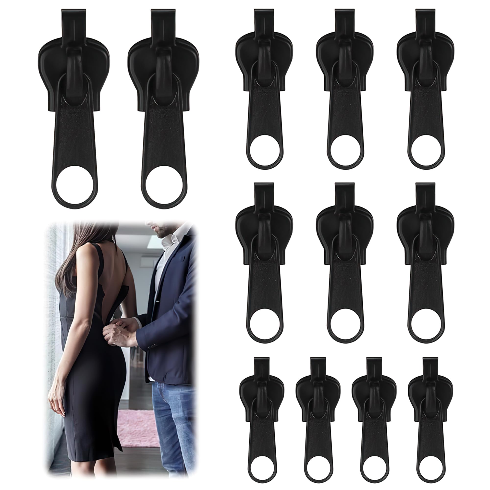 12PCS Zipper Repair Kit 3 Sizes Instant Zipper Rescue Zip Puller Replacement Fix for #3#5#8 Zipper Luggage, Backpacks, Jackets, Jeans, Extension & Fixing, Black, No Tools Needed
