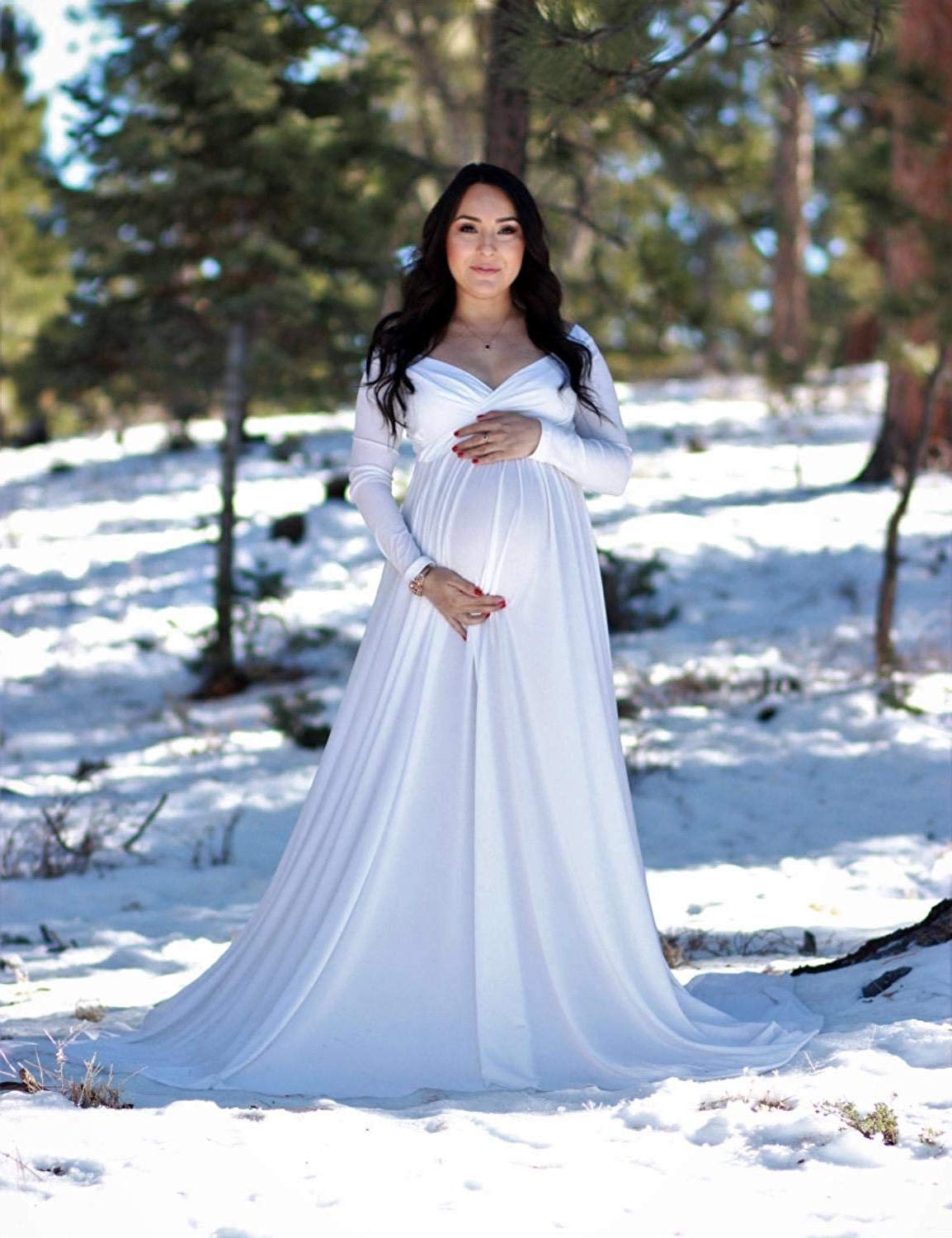 Maternity Off Shoulders Half Circle Gown for Baby Shower Photo Props Dress,V Neck Long Sleeve Maxi Photography Dress (Off Shoulder White, L)