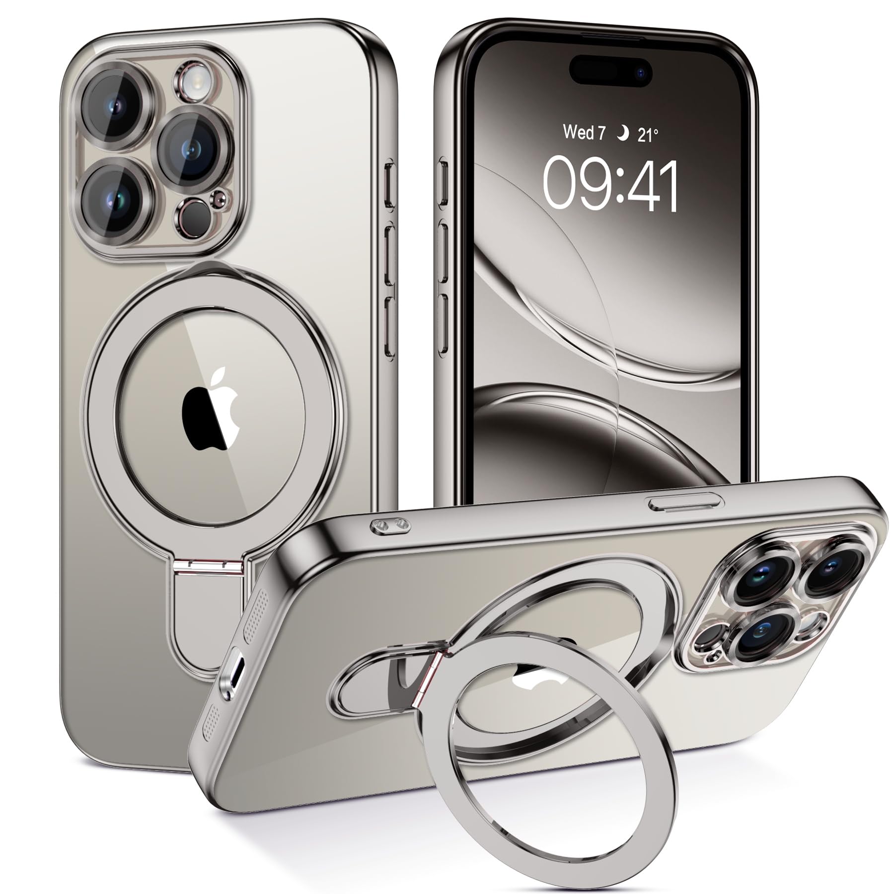 GUAGUA for iPhone 15 Pro Max Case with Stand, Magnetic Clear Cases Plating Edge Invisible Ring Transparent Slim Shockproof Protective Kickstand Phone Case for iPhone 15 Pro Max, Natural Titanium
