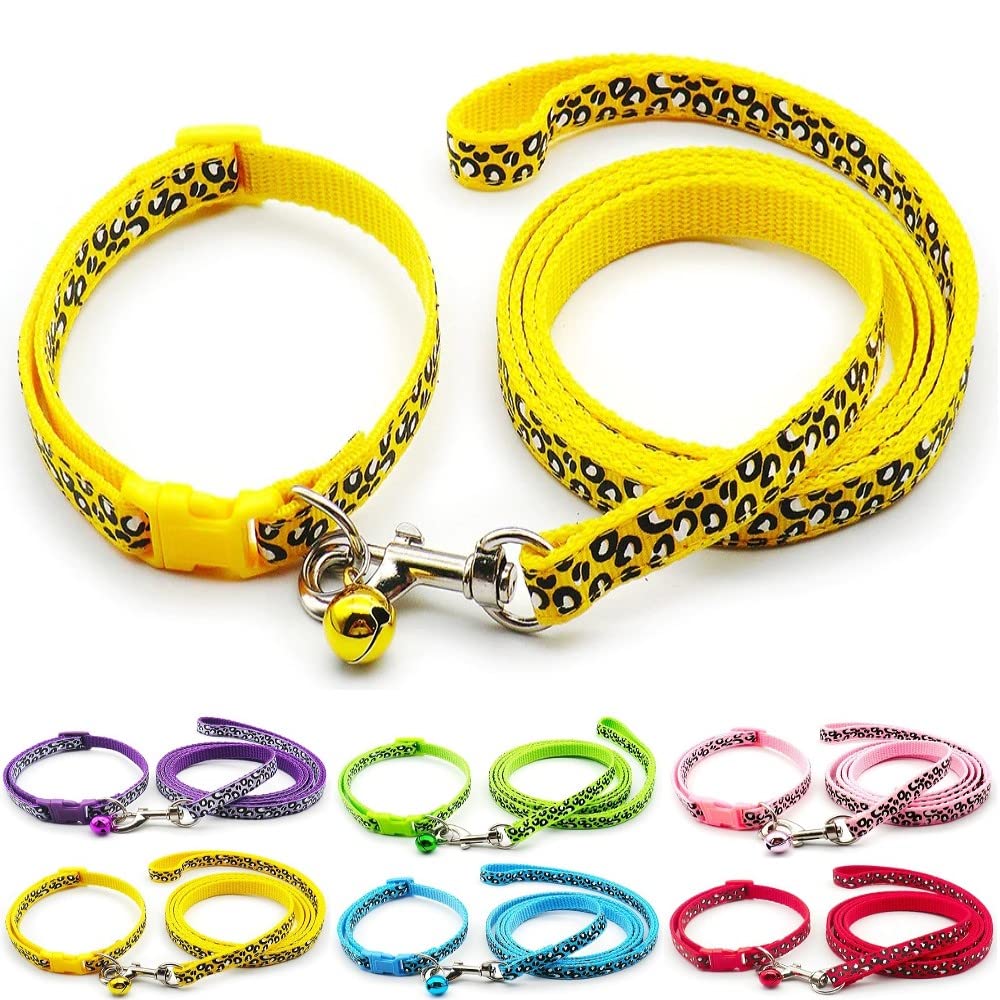 Small Dog Puppy Pet Collar and Lead Set Leopard Print Design Nylon Adjustable Size 19-32cm Collar with Bell and 120cm Leash Yellow