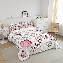 Eiffel Tower Couple Comforter Set Queen Size Pink