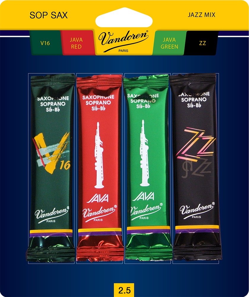 Vandoren SRMIXS25 Soprano Sax Jazz Reed Mix Card includes 1 each ZZ, V16, JAVA Green and JAVA Red Strength 2.5