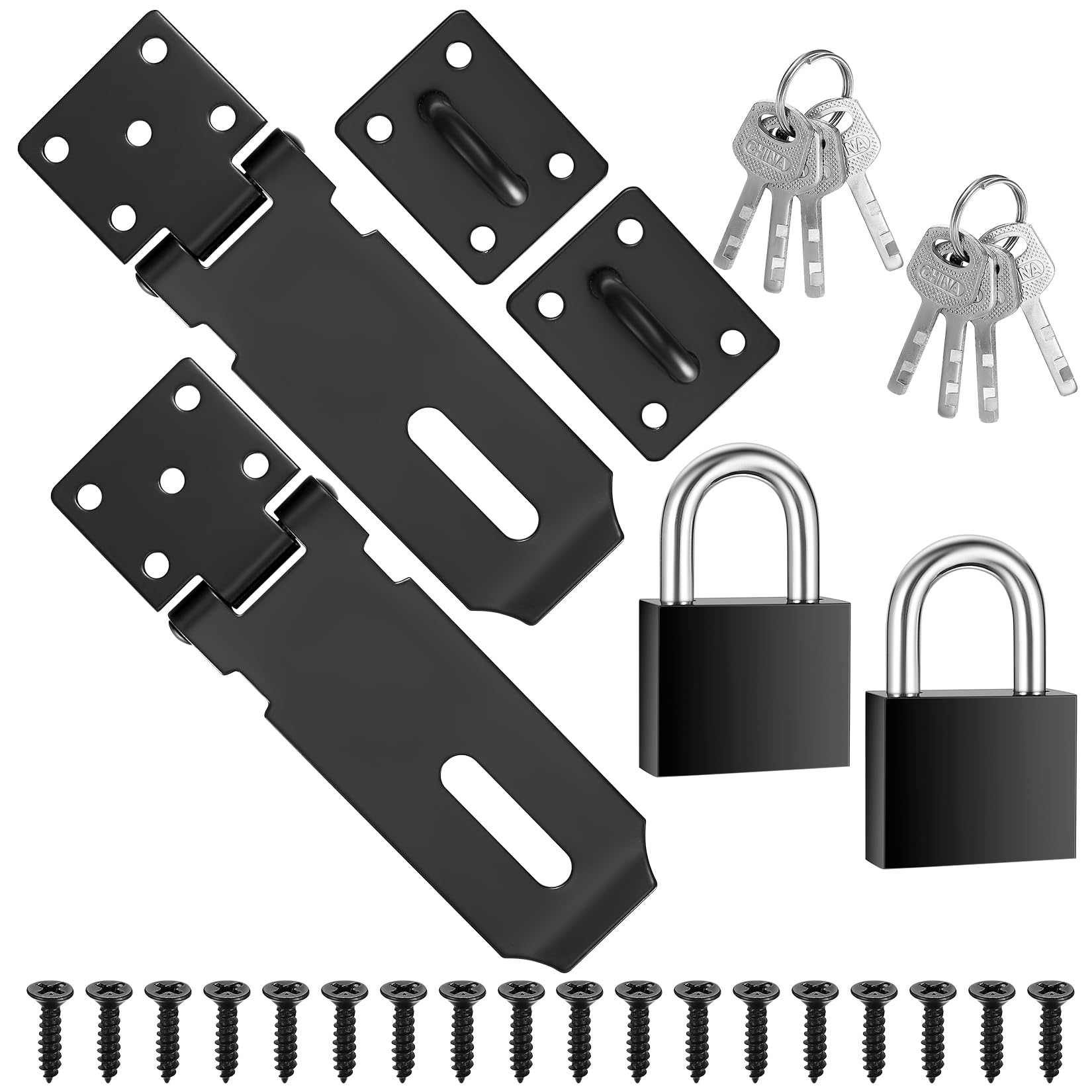 2 Pcs Stainless Steel Padlock Hasp, Door Latch Hasps with Padlocks Keys and Screws, Shed Gate Door Clasps Locks Bolts Hasps and Staples for Wooden Gate, Bedroom, Garage Doors - 4 Inch/Black