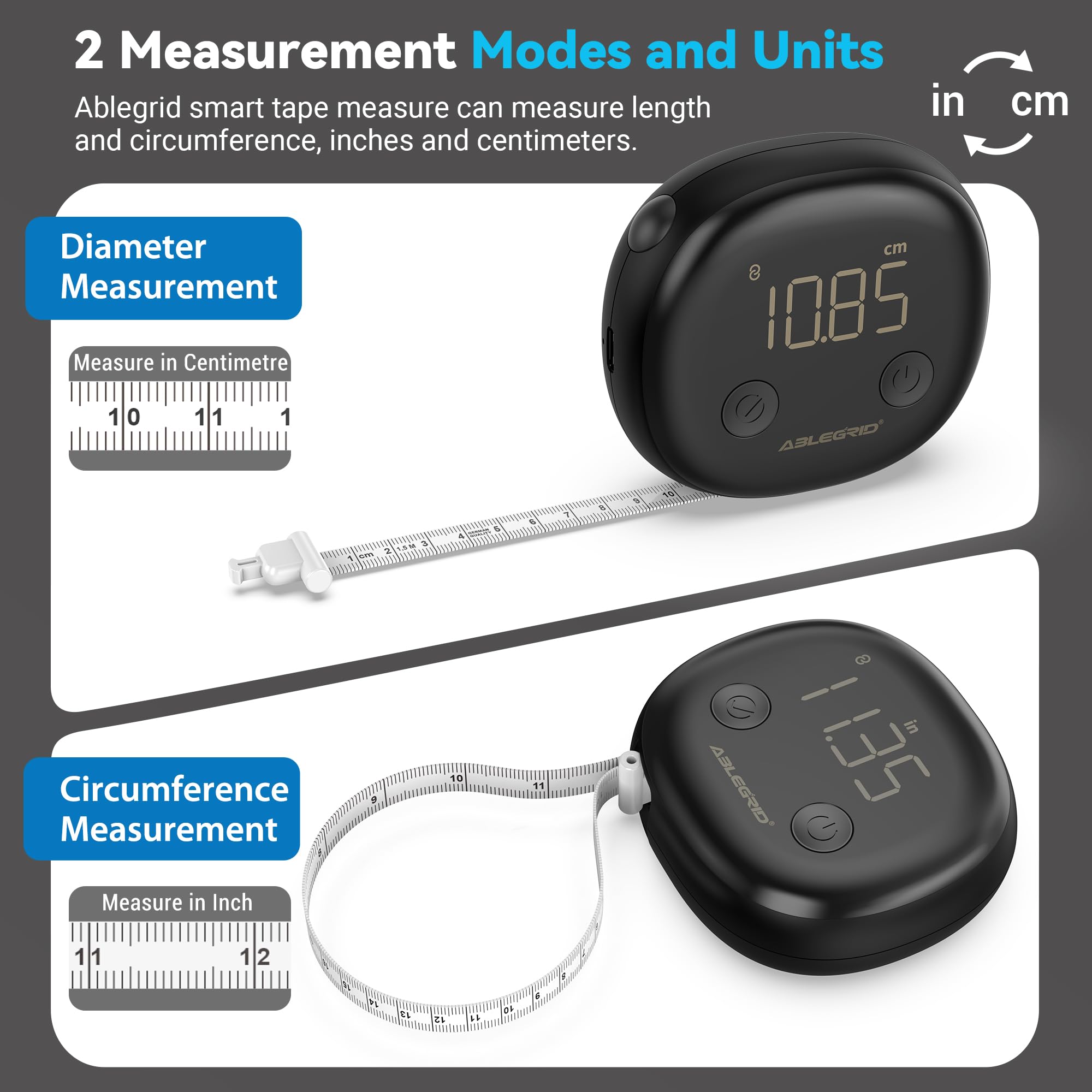 ABLEGRID Smart Body Tape Measure,Rechargeable Body Measuring Tape with Fitdays APP,Accurate Retractable Digital Body Measurement Device Tool for Muscle Gain,Weight Loss,Fitness,Locking,60in/150cm