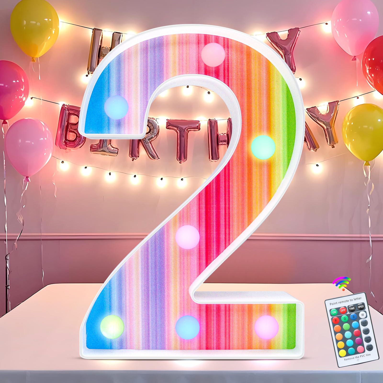 Rainbow Light Up Numbers, Colorful LED Number Lights 2nd Birthday Decorations, 16 Color Changing Girls Birthday Number Gifts for 2 Year Old Girls Party Anniversary Remote Wall Table Decor - Number 2