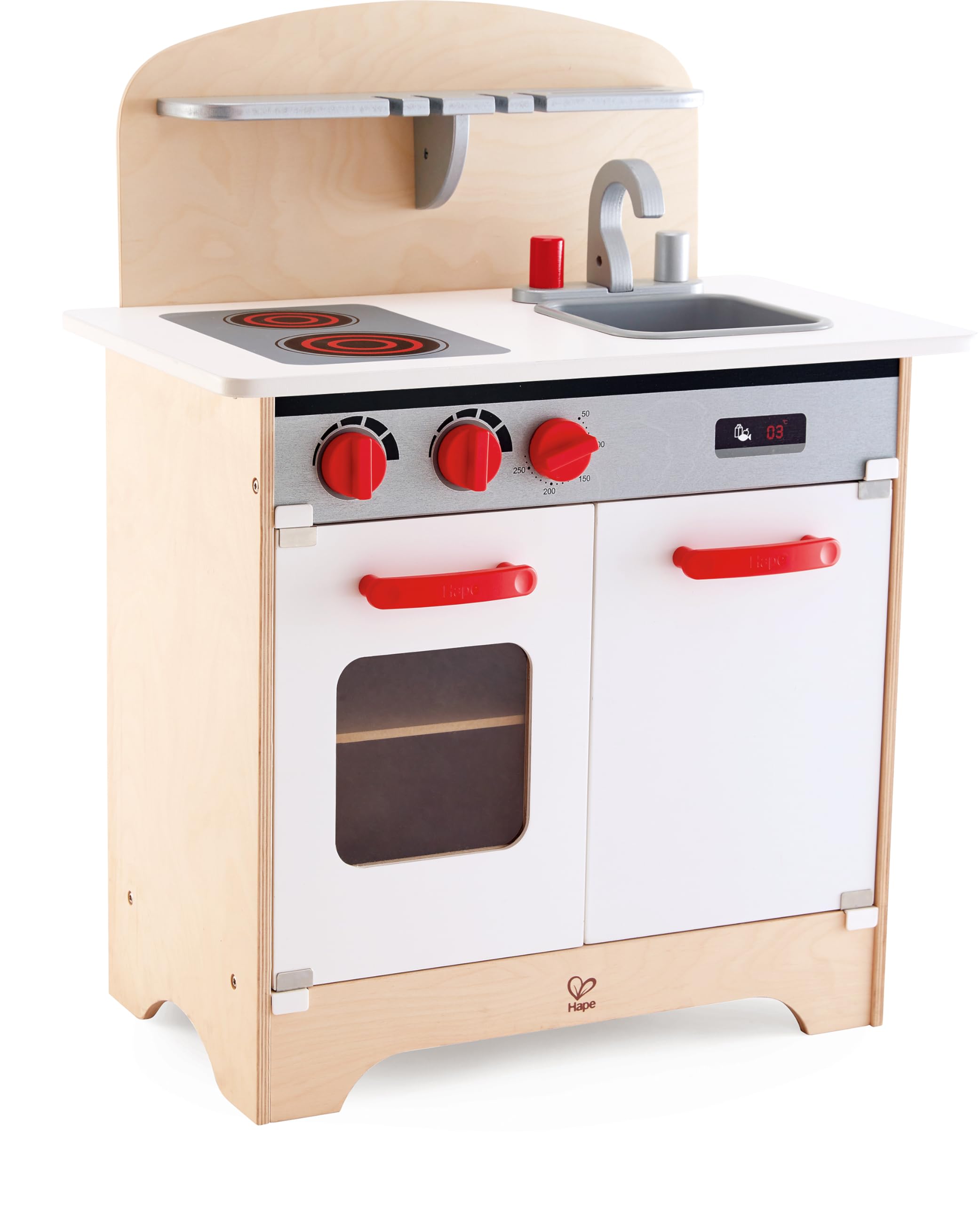 Hape Gourmet Kitchen Toy Fully Equipped Wooden Pretend Play Kitchen Set with Sink, Stove, Baking Oven, Cabinet, Turnable Knobs & Spice Shelf, Red
