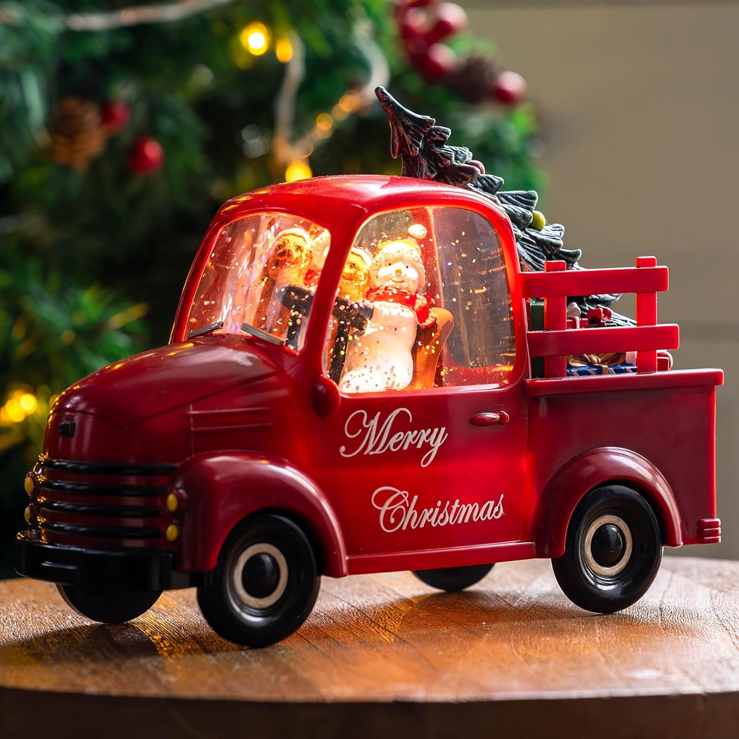 Snow Globes - Lighted Red Truck Decor, Musical Christmas Snow Globe with Swirling Glitter, Snowman and Dog in Truck Car Carrying Christmas Tree Spinning Water Lantern for Christmas Decorations Gift Holiday Décor