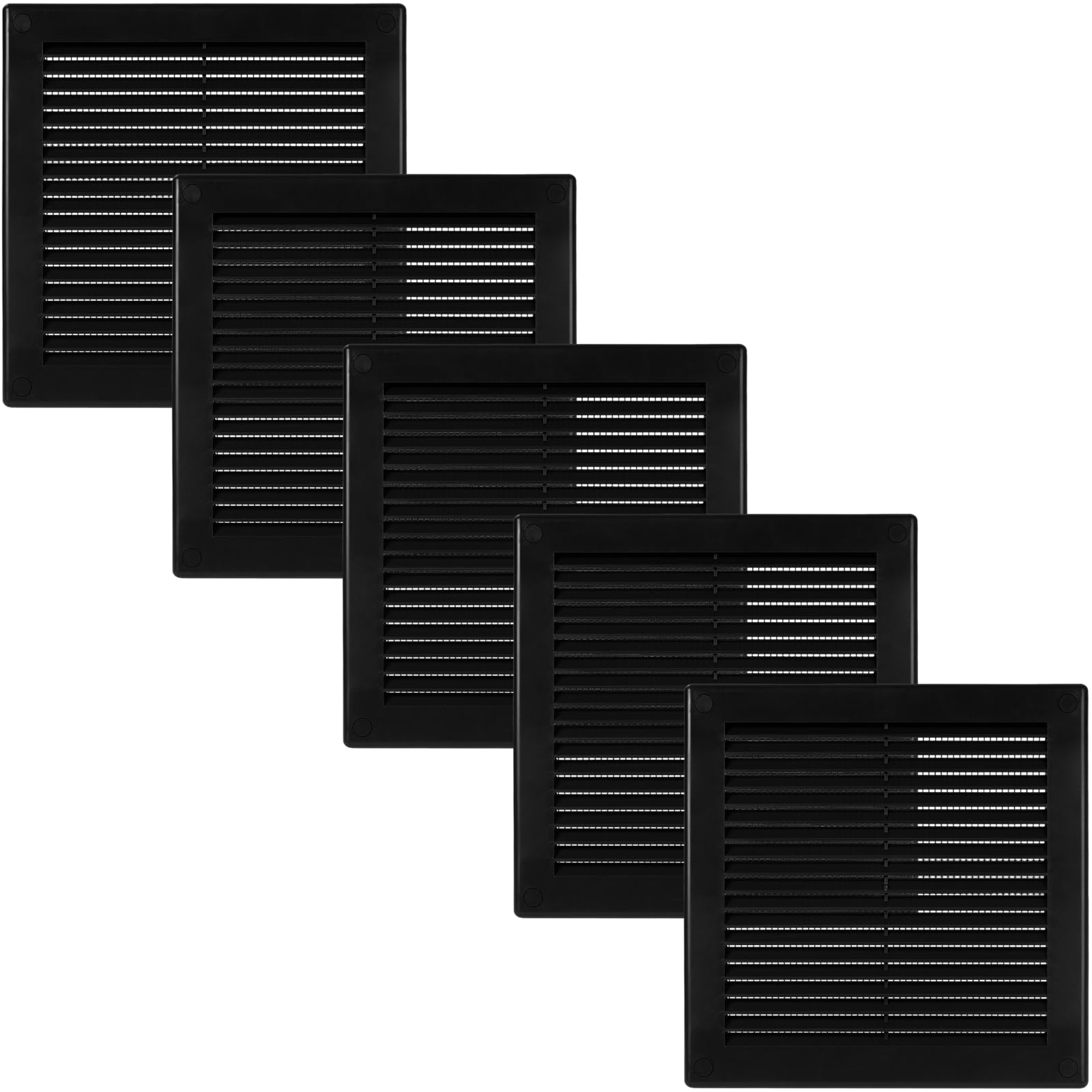 Vent Systems 200 x 200 mm / 8'' x 8'' Inch Black Soffit Vent Cover - Pack of 5 - Flat Square Air Vent Louver - Grille Cover - Built-in Insect Screen - HVAC Vents for Bathroom, Home Office, Kitchen