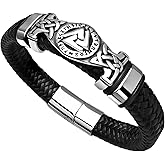 Hoyazvet Viking Leather Braided Bracelets for Men, Stainless Steel Amulet Norse Mythology Valknut/Motivational Inspirational Bible Verse Leather Rope Bracelet, Send Gift Box