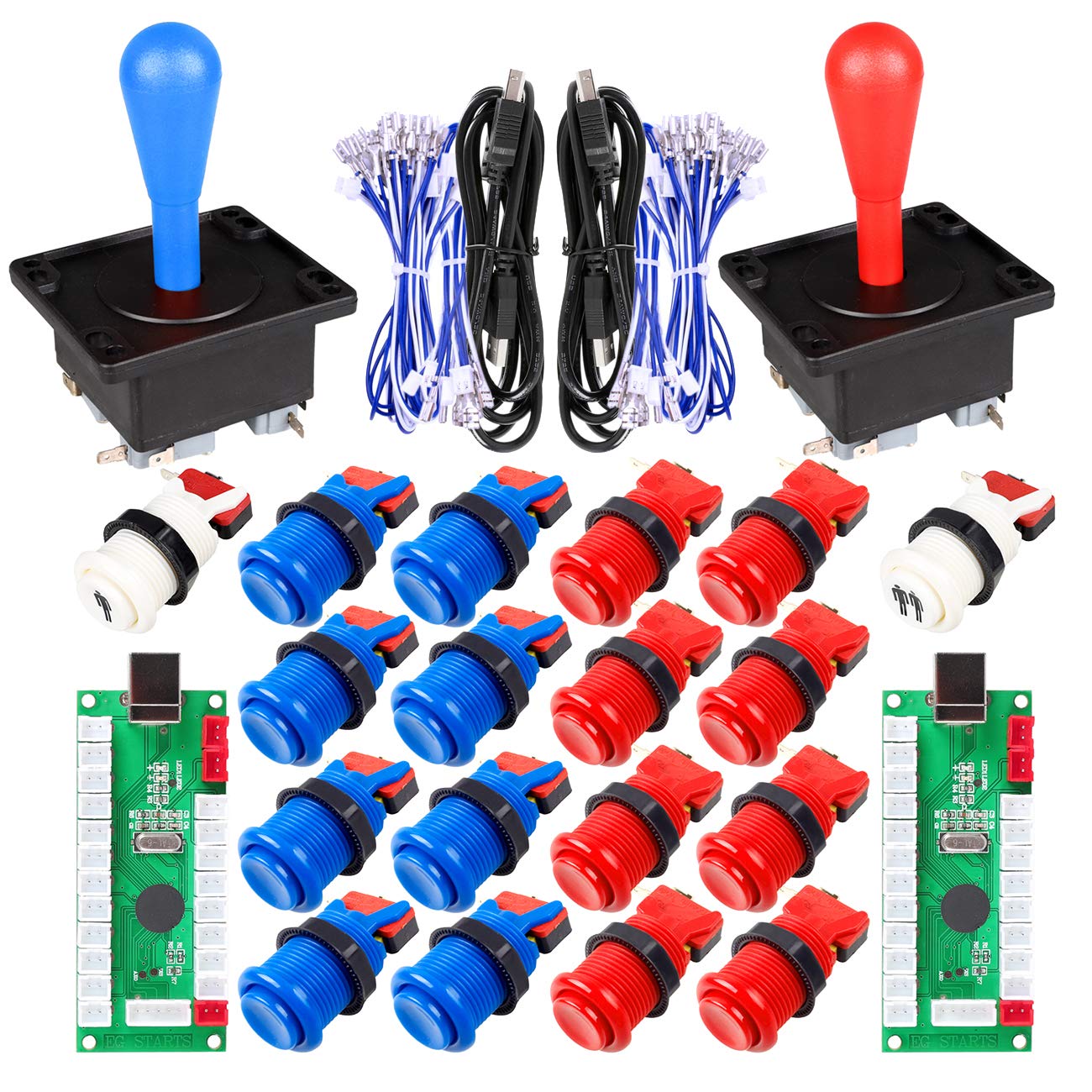 Fosiya 2 Player Arcade Game DIY Kits Ellipse Oval Happ Type Joystick Hanlde + 18x American Style Arcade Push Buttons (Includ 1p / 2p Start Buttons) (Red & Blue)