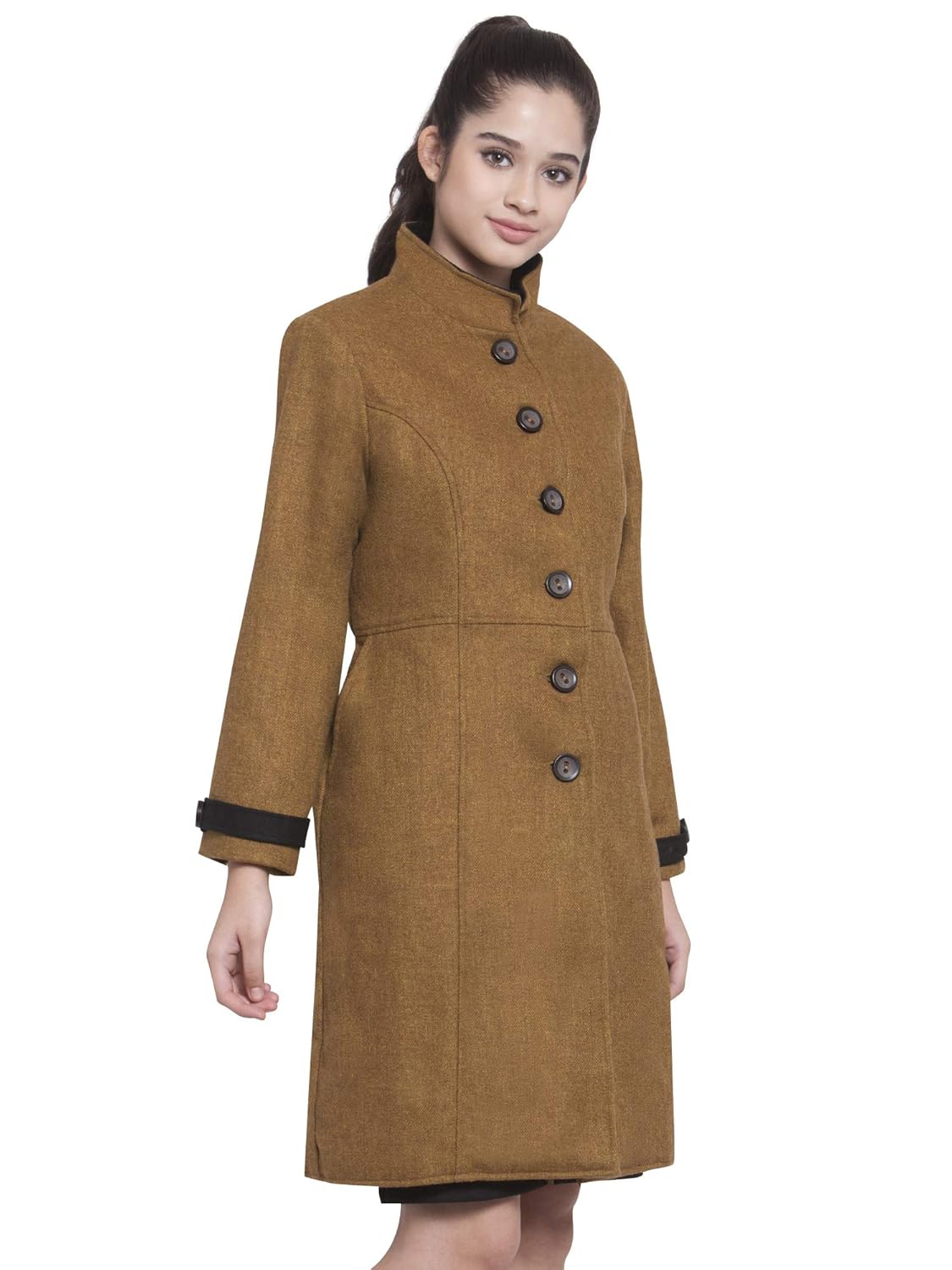 martini women mustard funnel collar pure wool coat