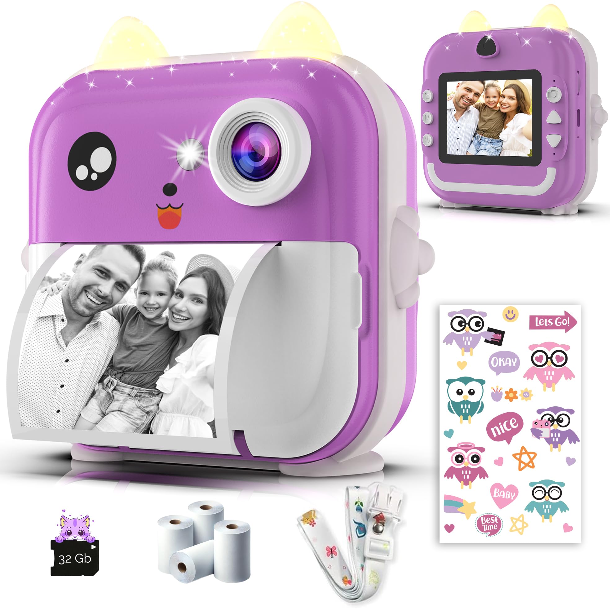 Instant Print Camera for Kids - 1080P HD, 48MP, 32G Card, Bluetooth, Free App, 4 Rolls Print Paper, Stickers, Fun Filters, Boys' and Girls' Gift - Purple Camera for Kids 3-12 yo