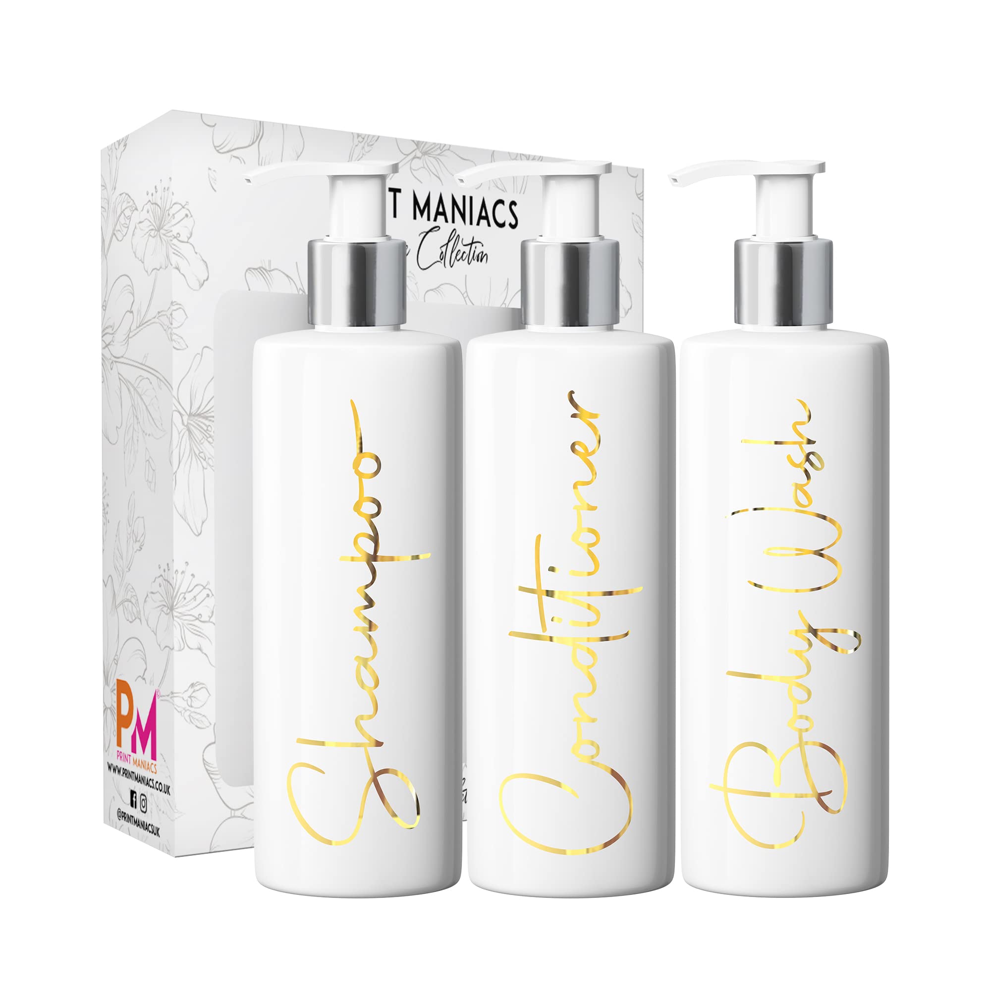Print Maniacs White Mrs Hinch Inspired Personalised 500ml Pump Bottles Bathroom Lotion Kitchen Set Shampoo Conditioner ( 3 Set, F2 ) (Gold)