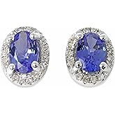 KOKAV 14K White Gold Genuine Tanzanite 3/4 Ct Oval Stud Earrings with Diamonds