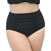 Curvtide Women Plus Size Ruched High Waisted Black Bikini Bottoms Full Coverage Swimsuit Bottom Tummy Control Swim Bottoms L