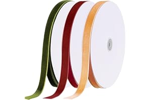 Yilloog 3 Rolls Christmas Velvet Ribbon Single Face Velvet Ribbon Vintage Velvet Ribbon for Christmas Tree Wreaths Gift Wrapping Bows Decoration(3/8 in X 30 Yard,Burgundy, Olive Green, Khaki)