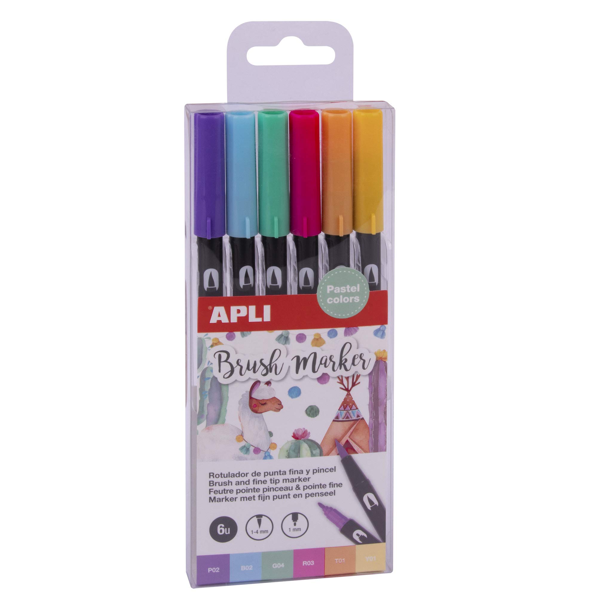 APLI 18574 – Pack of 6 Watercolour Pastel Markers, Double Tip, 1 mm Round and 1 – 4 mm Brush