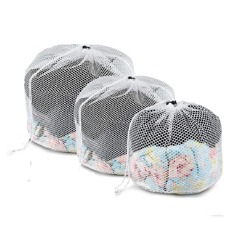 RXDF Drawstring Laundry Bags for Washing Machine, Set of 3, Mesh Laundry Bags for Travel, Durable Net Washing Bags for Delicates, Hosiery, Blouse, Underwear, Baby Clothes, Storage Organization, S