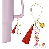 YaeYur Letter Charm Accessories for Stanley Cup with Handle, Cute Initial Charms with Flower Tassel for Tumbler for Women
