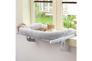 Zoratoo Cat Window Sill Perch with Large Bolster, Easy to Adjust & Assemble Cat Window Seat for Windowsill & Bedside, Pet Hammock Bed for Large Cats and Kittens (Grey, L)