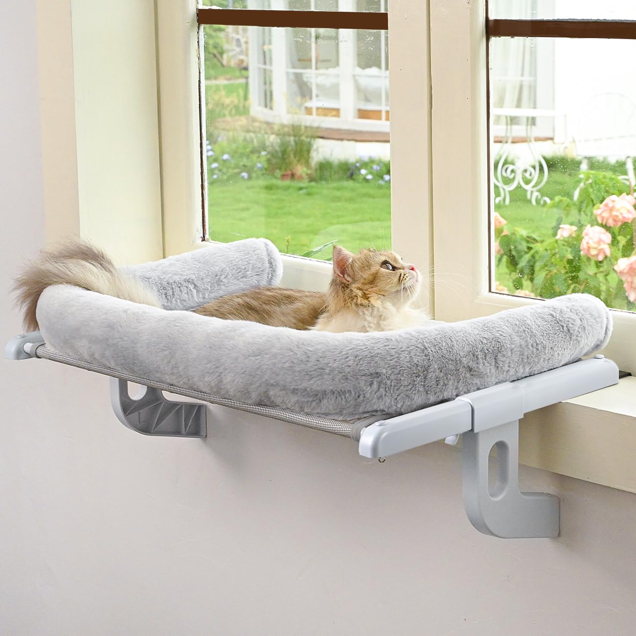 Photo 1 of Zoratoo Cat Window Sill Perch with Large Bolster, Easy to Adjust & Assemble Cat Window Seat for Windowsill & Bedside, Pet Hammock Bed for Large Cats and Kittens (Grey, L)