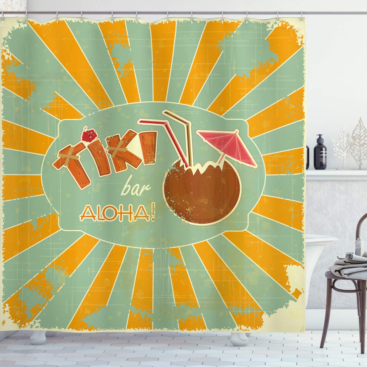 ABAKUHAUS Tiki Bar Shower Curtain, Vintage Design Exotic Cocktail Aged Look Aloha Fun Party Print, Cloth Fabric Bathroom Decor Set with Hooks, 78 Inches, Almond Green Orange