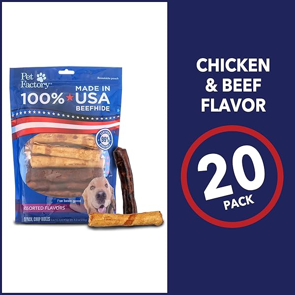 PET FACTORY 100% MADE IN USA BEEFHIDE 5″ CHIP ROLLS DOG CHEW TREATS – BEEF & CHICKEN FLAVOR, 20 COUNT/1 PACK