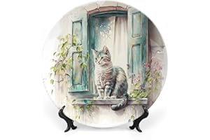 GOKAYS Decorative Plates for Home Decor, Cat on The Window Spring Painting Decor Tray for Table Display, Ceramic Dinner Plate w/Stand, Living Room Dining Room Decor, Housewarming Gifts, 8 Inch