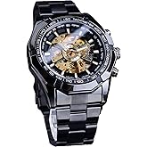 FORSINING Men's Watch Self-Wind Skeleton Hollow Out Mechanical Automatic Luxury Watches, Blue Black Stainless Steel Band Waterproof Wristwatch