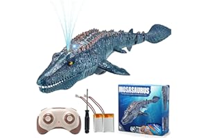 Akargol 2.4G Dinosaur Toys for Kids - High Simulation Mosasaurus RC Boat with Light & Spray Water for Swimming Pool & Bathroom (with 2 Batteries)
