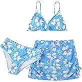 COZYEASE Girls' 3 Piece Set Floral Print Bikini Swimsuit with Drawstring Beach Skirt Cute Ruched Bathing Suit