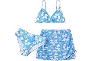 COZYEASE Girls' 3 Piece Set Floral Print Bikini Swimsuit with Drawstring Beach Skirt Cute Ruched Bathing Suit