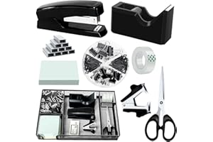 DAPHILLY Black Office Desk Accessories, Black Office Supplies Set, Desk Drawer Organizer,Stapler and Tape Dispenser Set,Tape,Staple Remover, Staples, Paper Clips, Scissor and Sticky Note