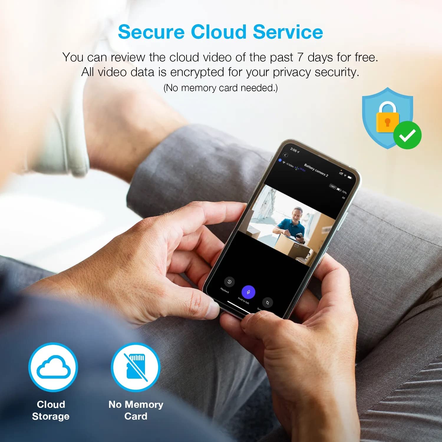 Persuna viewing kamera footage on a smartphone, with cloud storage and no memory card icons, indicating secure cloud service.