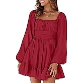 Dokotoo Womens Dress Long Lantern Sleeve Square Neck Tie Backless Sexy Dress Ruffle Elastic Waist A-Line Mini Dress