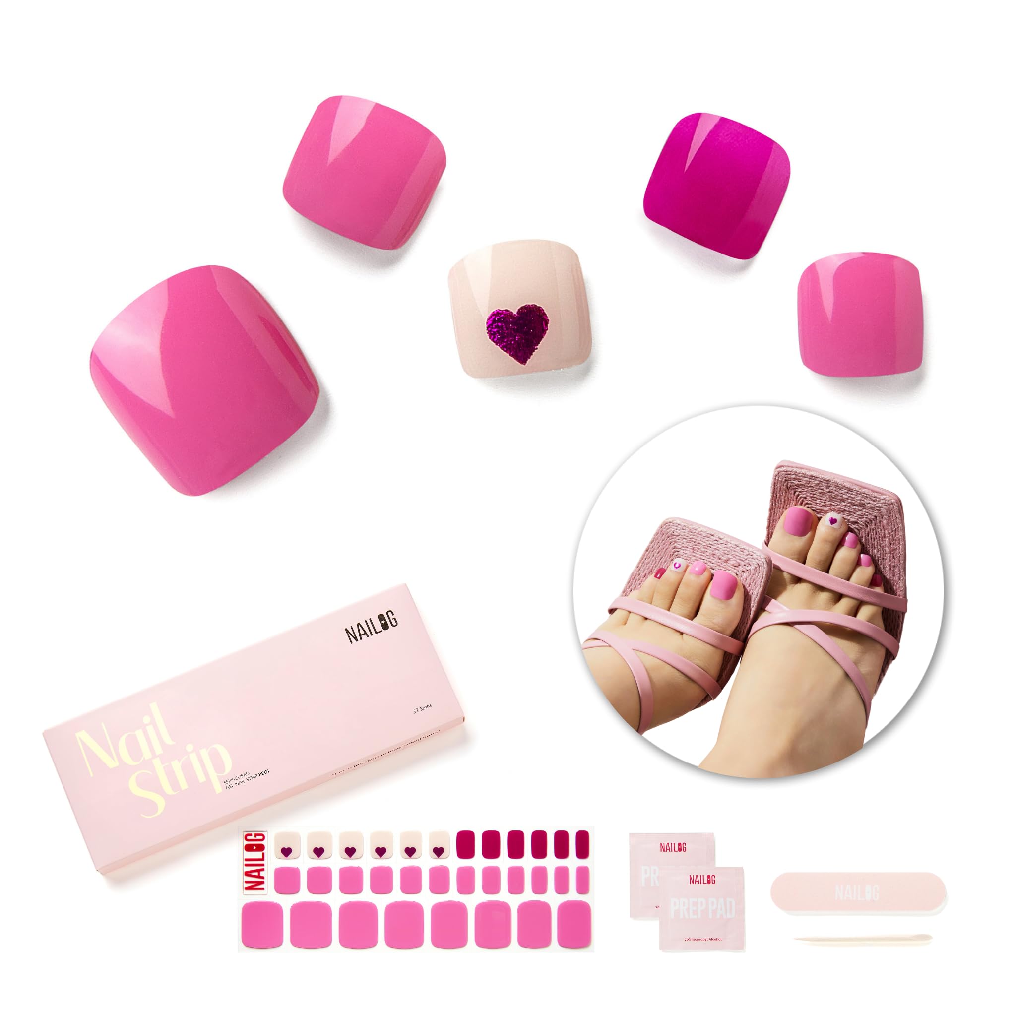 NAILOG Semi Cured Gel Nail Strips, Toe Nail Polish Strips with Glossy Gel Finishing | 32 Pieces Long Lasting Pedi Nail Wrap | Pink, Magenta, Heart Print | Never Too Late