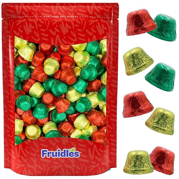 FRUIDLES CHRISTMAS BELLS CHOCOLATE, MILK CHOCOLATE PARTY BAG FILLERS, INDIVIDUALLY WRAPPED FOILS, RESEALABLE BAG, KOSHER CERTIFIED DAIRY (1 POUND)