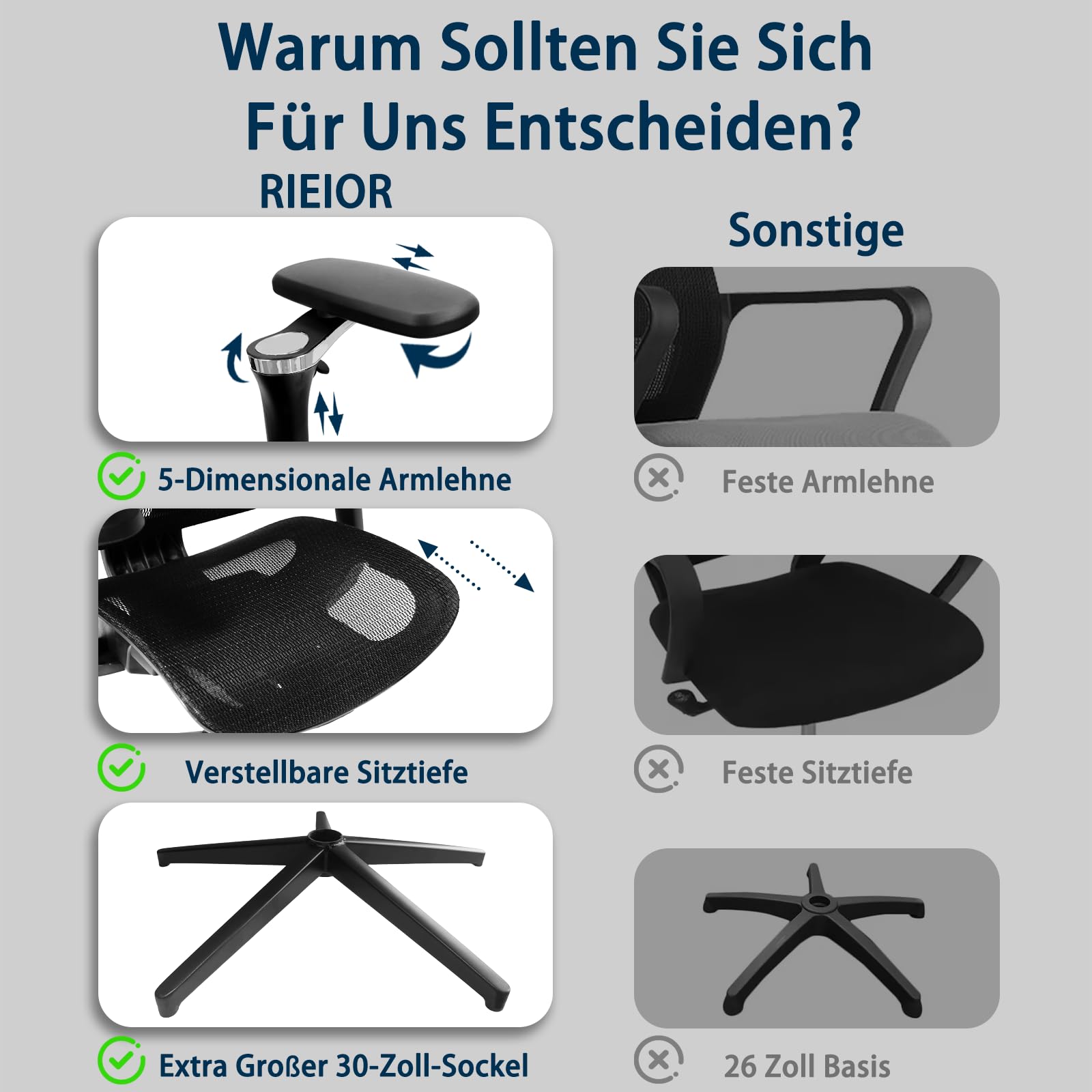 Rieior Ergonomischer Bürostuhl Große und Schwere mit Fußstütze, 5D Verstellbare Armlehnen, Lendenstütze, Netz-Rückenlehne, Verstellbare Sitztiefe, Drehbarer Gaming Stuhl Schwarz 7