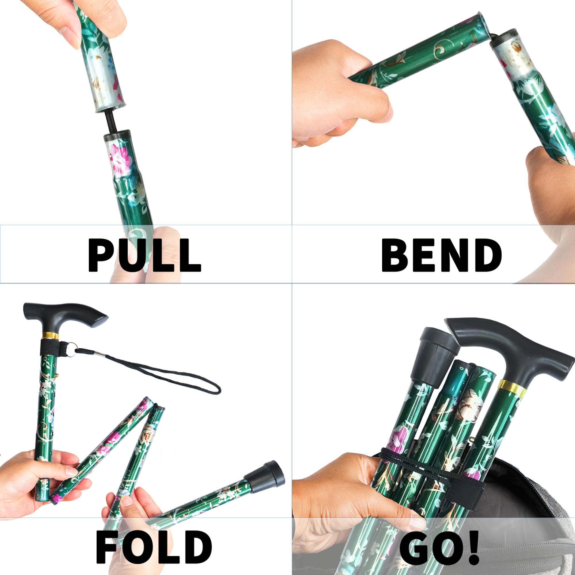 Folding Cane, 5-Level Adjustable Height Lightweight Portable Foldable Walking Canes with Wrist Strap and T Handle for Men Women Seniors