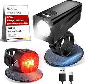 toptrek Fahrradlicht Set USB Aufladbar, StVZO Zugelassen Fahrrad Lichter LED Set, IPX5 Wasserdicht Fahrradlampe Set mit Austauschbarem Akku Design, Fahrradbeleuchtung Set mit Langer Akkulaufzeit